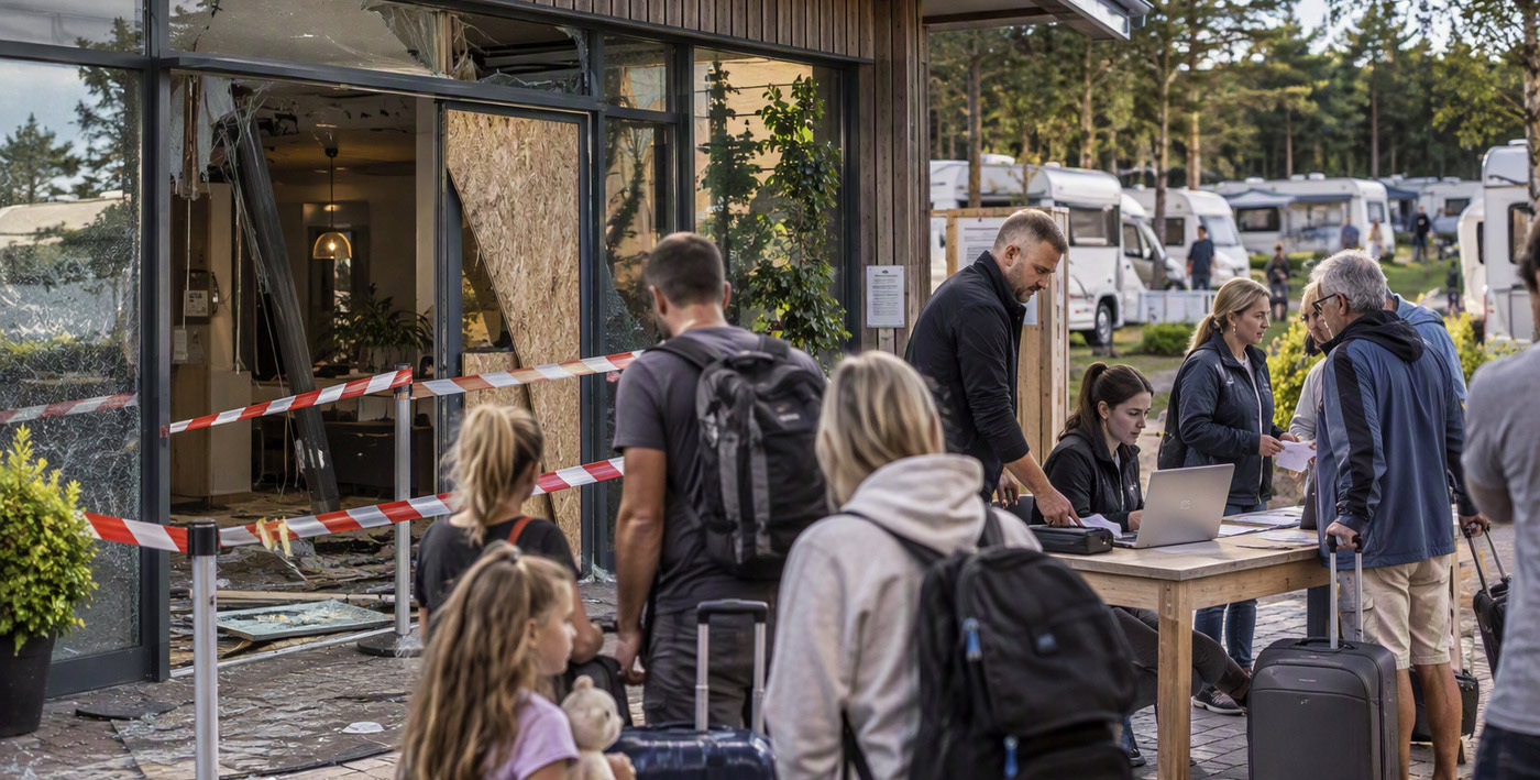 Menschen stehen mit Gepäck vor einem beschädigten Gebäude auf einem Campingplatz.