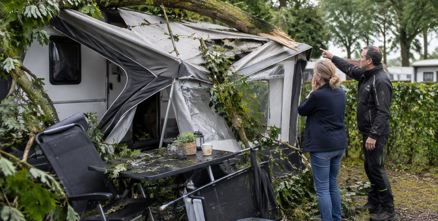Zwei Personen begutachten einen durch einen umgestürzten Baum beschädigten Wohnwagen.