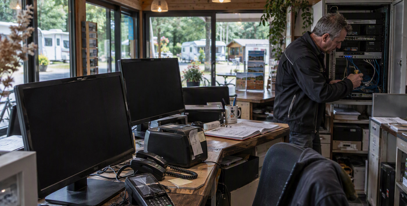Ein Mann arbeitet an Netzwerktechnik in einem Büro mit mehreren Computermonitoren.