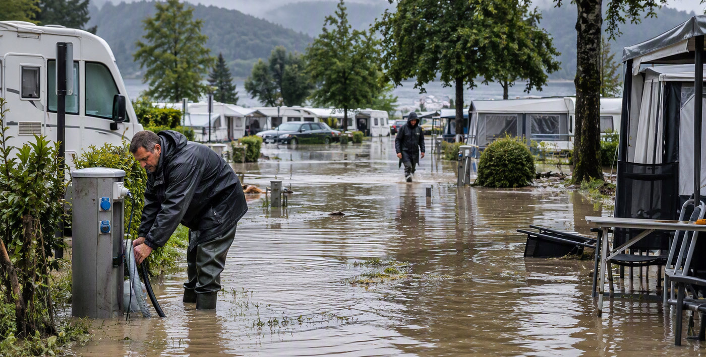Ein überfluteter Campingplatz mit Wohnmobilen und zwei Personen im Regen vor einer Berglandschaft.