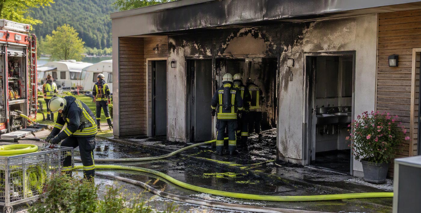 Feuerwehrleute löschen einen Brand in einem stark beschädigten Gebäude auf einem Campingplatz.