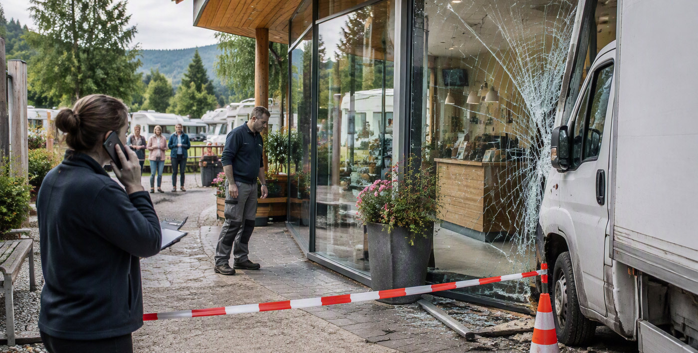 Eine Frau telefoniert vor einem beschädigten Schaufenster, in dem ein Lieferwagen steckt; der Bereich ist abgesperrt.