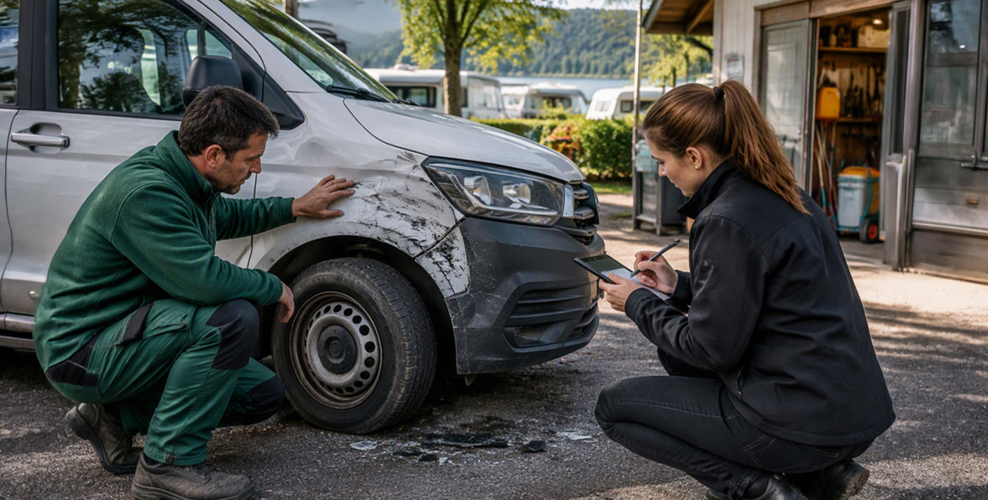 Ein Mann untersucht den Schaden an einem weißen Transporter, während eine Frau ihn auf einem Tablet dokumentiert.
