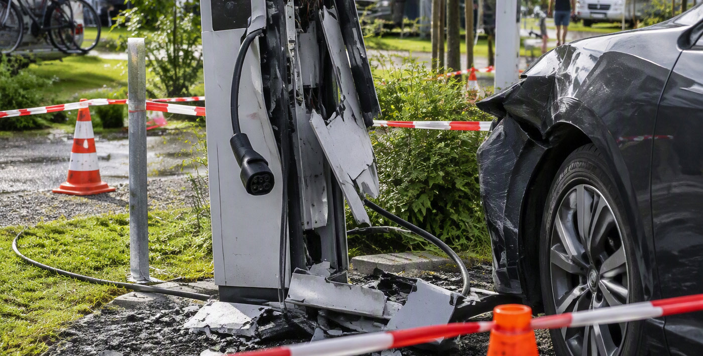Ein beschädigtes Elektroauto steht neben einer zerstörten Ladestation, abgesperrt durch Flatterband und Warnkegel.