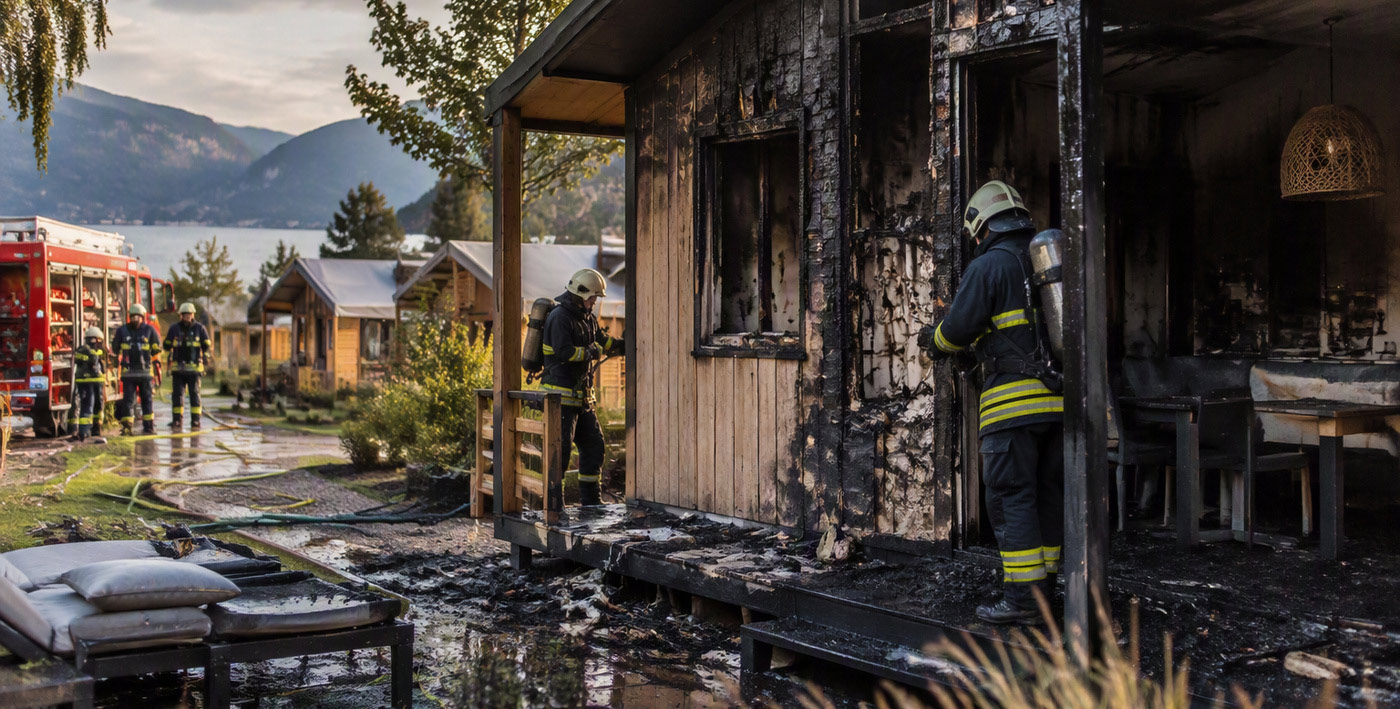 Feuerwehrleute löschen den Brand einer Hütte an einem See mit Bergen im Hintergrund.