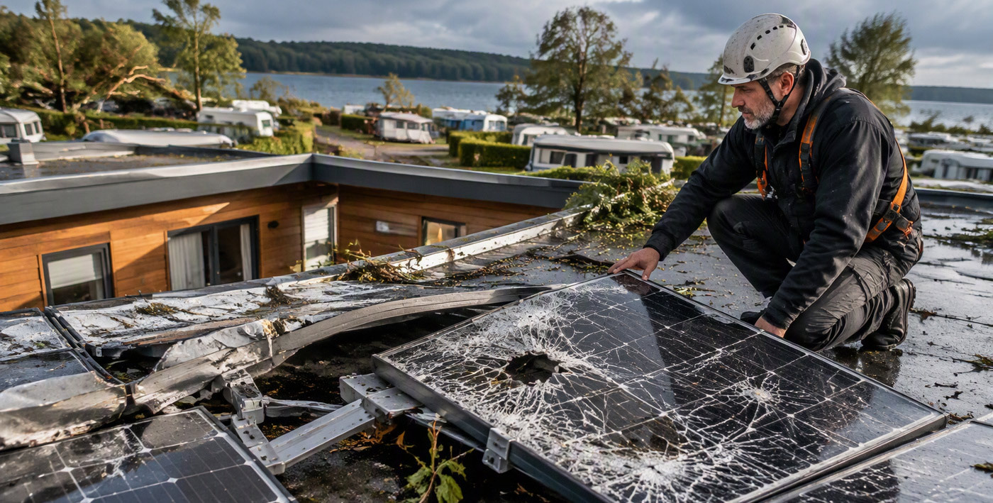 Ein Dachdecker kniet auf einem beschädigten Dach mit zerbrochenen Solarmodulen; dahinter liegen ein Campingplatz und ein See.