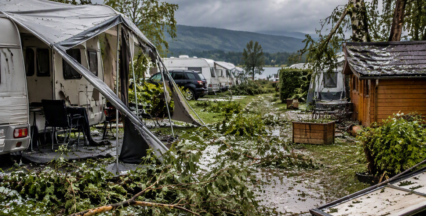 Auf einem Campingplatz liegen nach einem Unwetter Äste und Blätter zwischen Wohnwagen; im Hintergrund sind ein See und bewaldete Berge zu sehen.