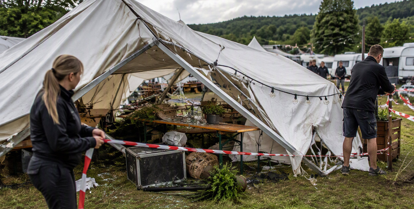 Zerbrochenes Festzelt auf einer Wiese, von zwei Personen mit Absperrband gesichert; im Hintergrund stehen Wohnwagen.